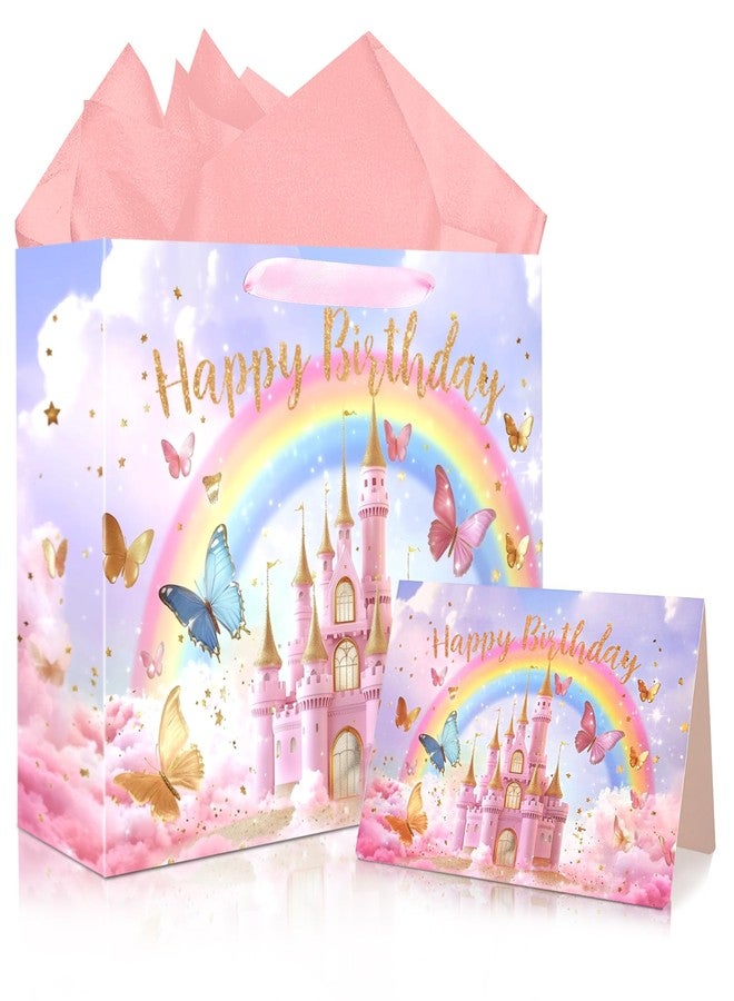 حقيبة هدايا قلعة الأميرة من جوارهونال - حقيبة هدايا كبيرة مقاس 13 بوصة لعيد ميلاد سعيد مع ورق مناديل وبطاقة للبنات والأطفال، لوازم حفلات عيد ميلاد بطابع الأميرة باللون الوردي - Image 1